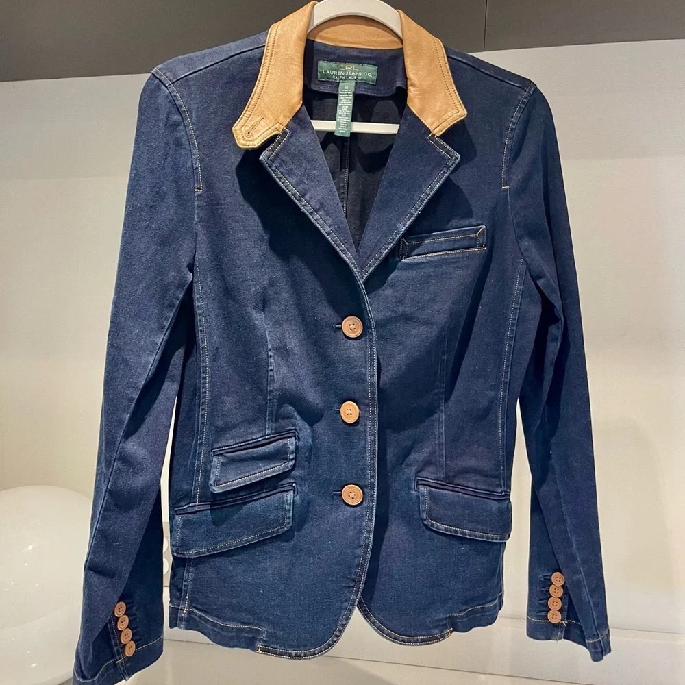 $220 Ralph Lauren Denim Jean Blazer Jacket Camel Leather Collar Button Size 10